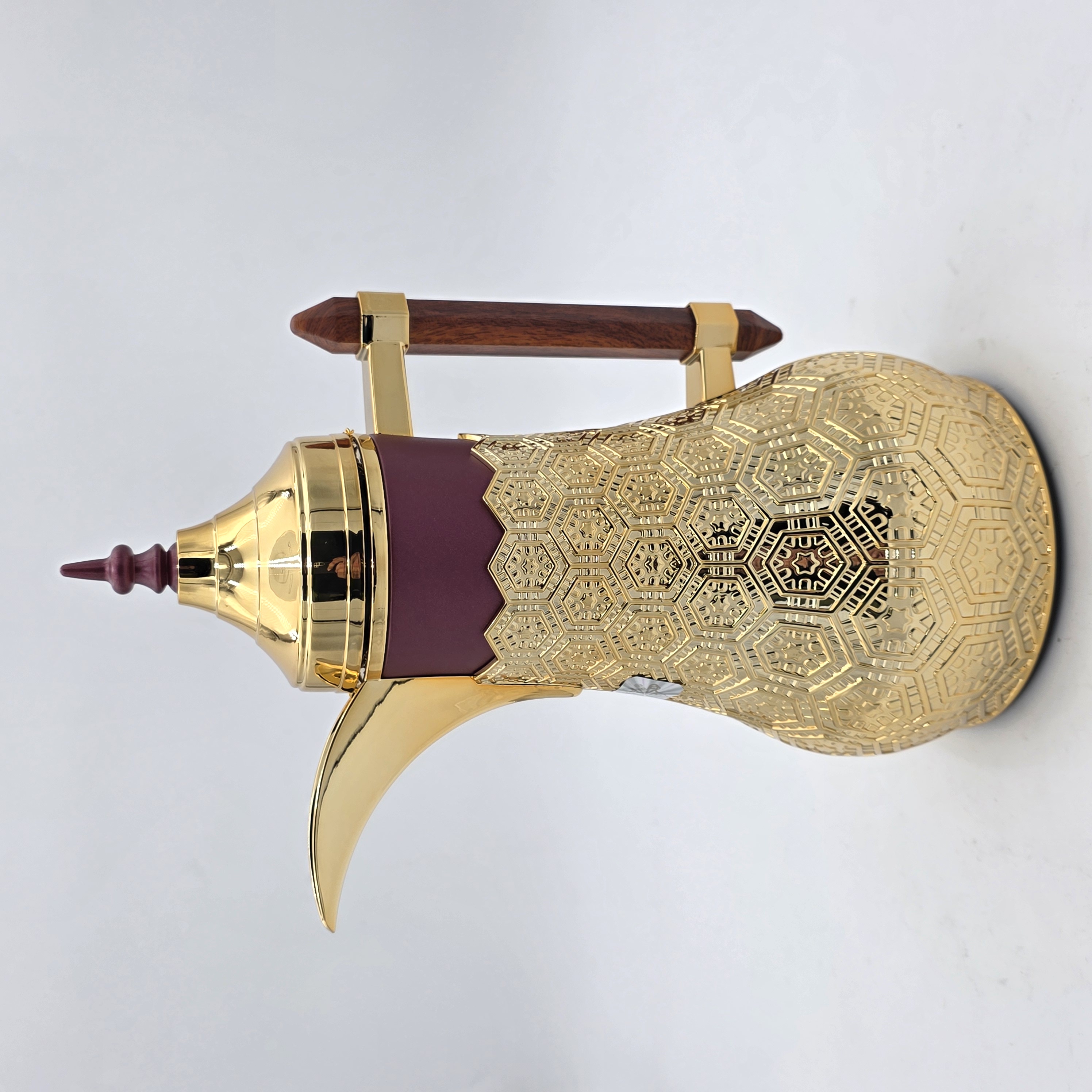 TEA POT SILVER MAROON WITH WOOD HANDLE